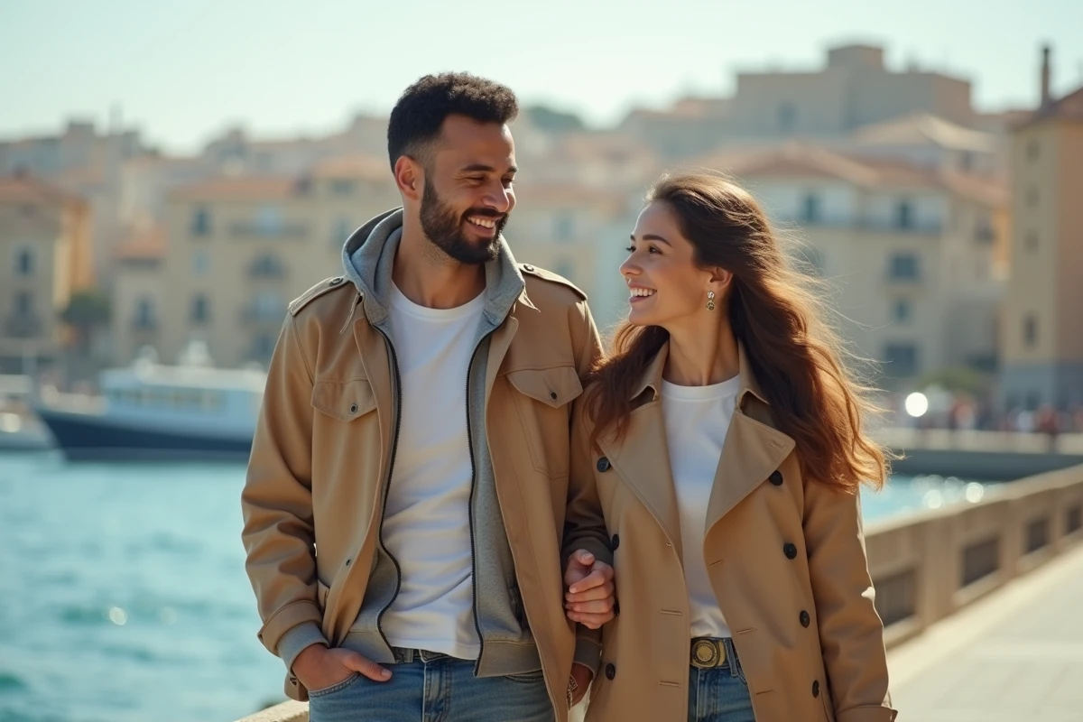 Couple se promenant au bord de la mer à Marseille, évoquant la vie privée du rappeur L'Algerino et sa femme