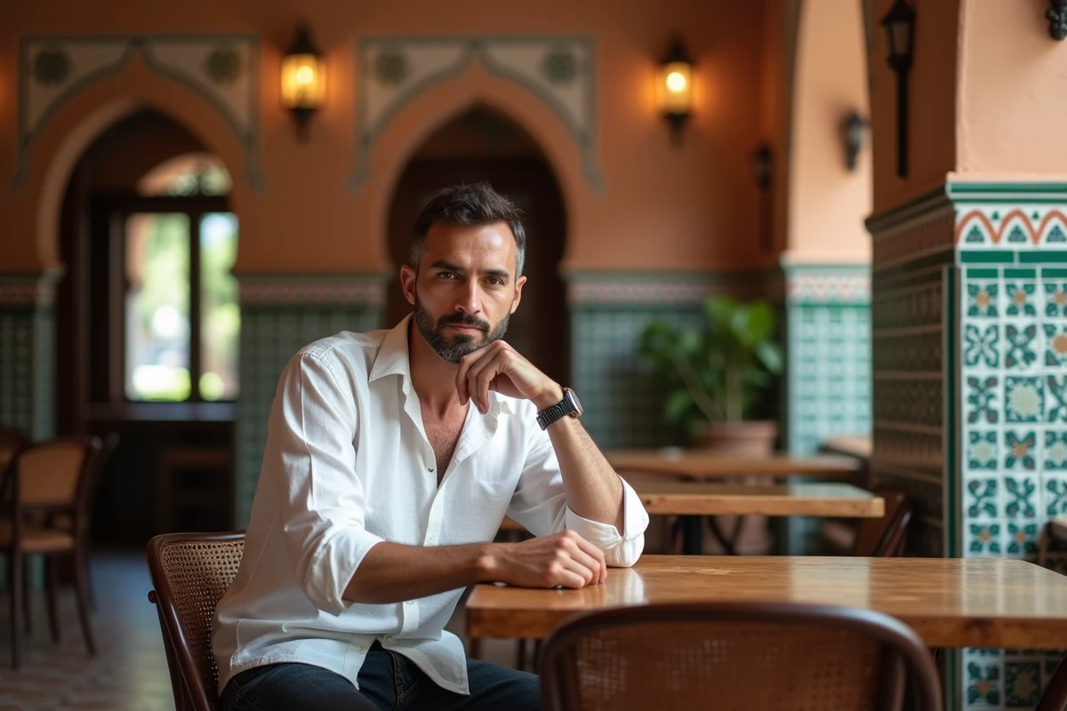 Homme d'origine algérienne assis dans un café traditionnel au décor oriental, illustrant les origines culturelles du rappeur L'Algerino