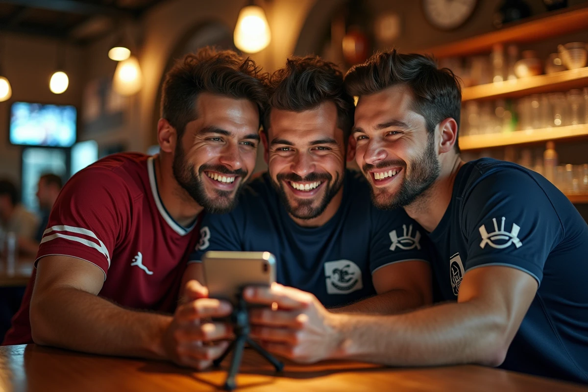 Groupe d'amis regardant un événement sportif en direct sur smartphone dans un bar