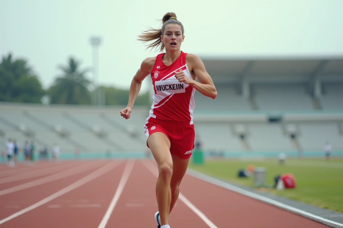 Athlète féminine en plein effort sur une piste d'athlétisme lors d'un entraînement, symbole des héros du sport et de la persévérance au plus haut niveau