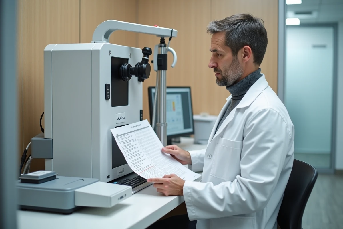 Audioprothésiste Audika calibrant un équipement de test auditif dans un centre spécialisé