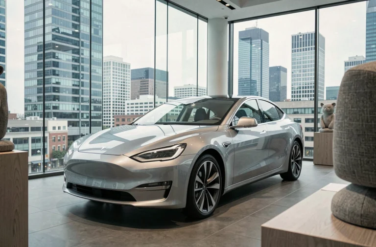 Berline électrique moderne exposée dans un showroom automobile urbain avec vue sur la ville