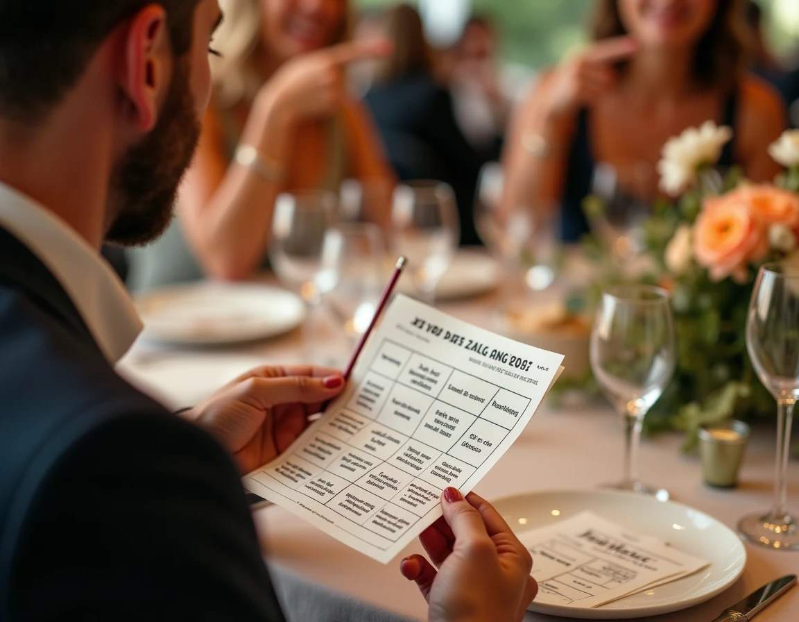 Invité de mariage tenant une carte de bingo personnalisée avec des phrases typiques de discours de mariage, prêt à cocher les cases pendant la réception