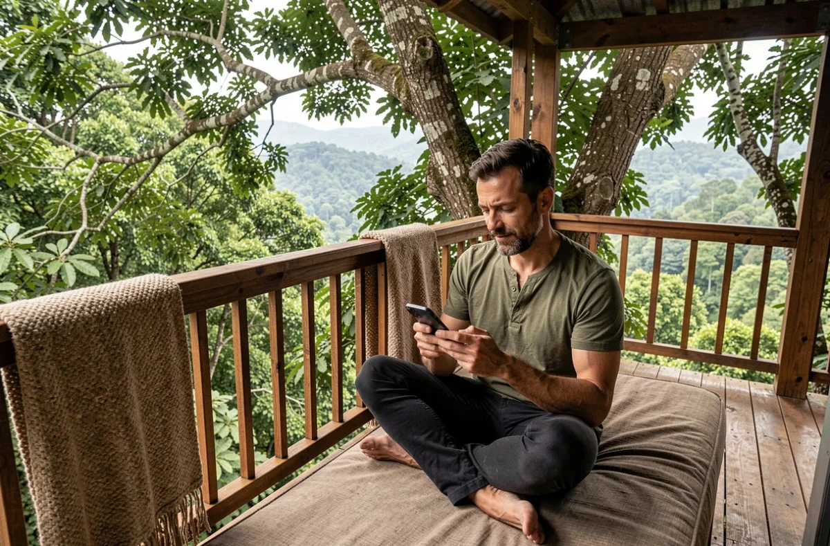 Homme consultant une application de voyage depuis la terrasse d'une cabane dans les arbres entourée de forêt verdoyante