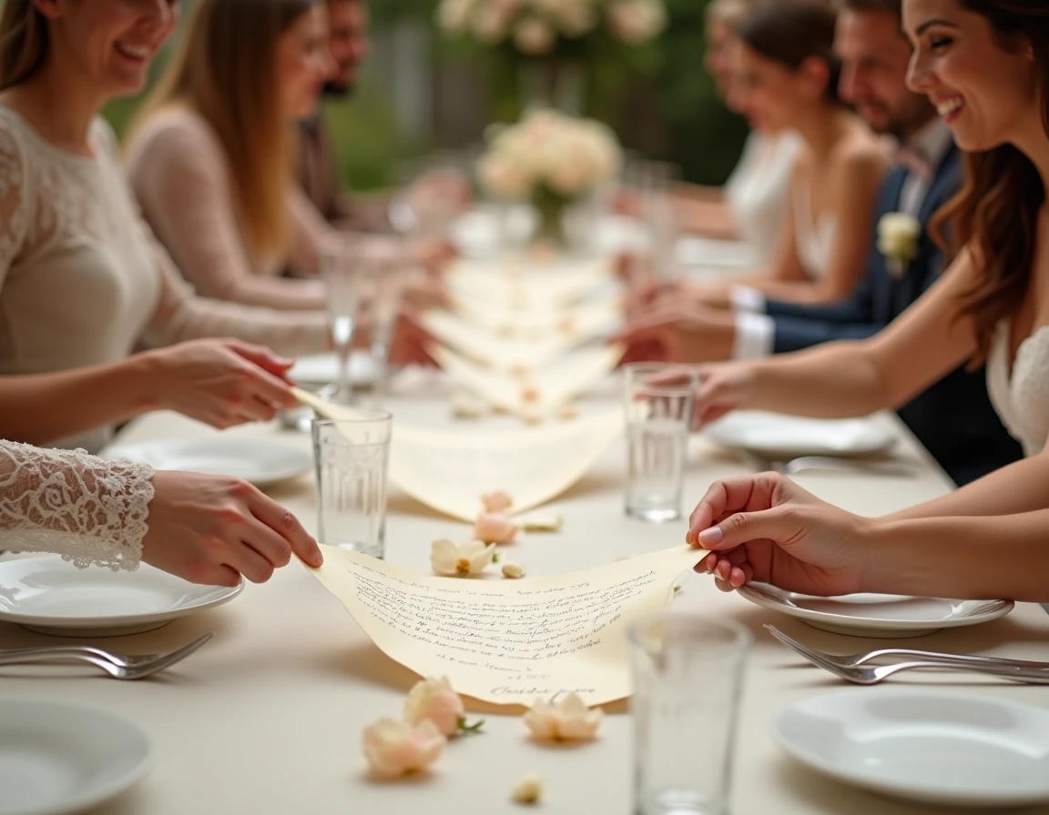 Invités de mariage en tenue élégante échangeant des bandelettes de papier pliées pour jouer au cadavre exquis nuptial autour d'une table décorée