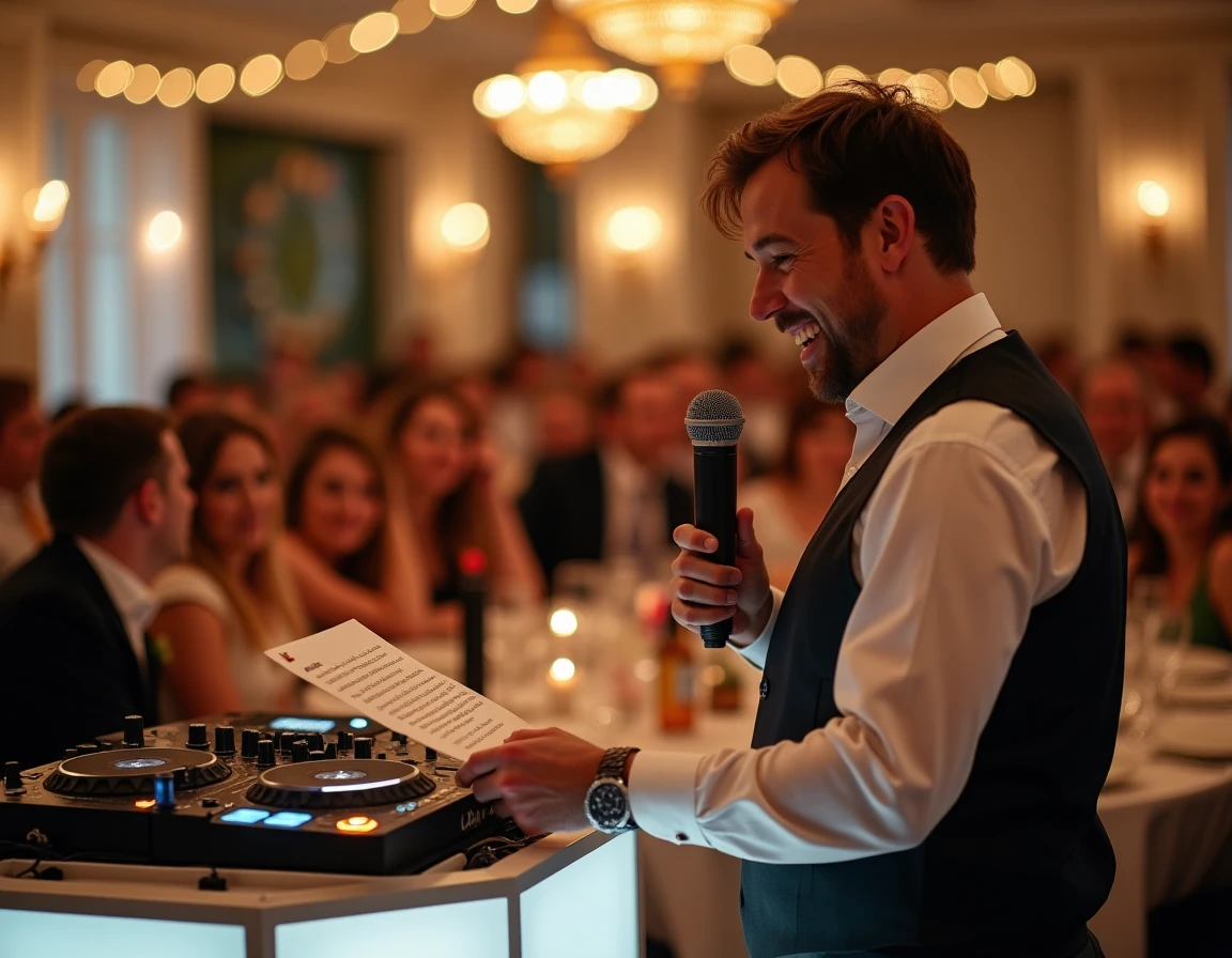DJ de mariage au micro lisant une charade thématique depuis une carte imprimée pendant que les invités écoutent avec des expressions amusées