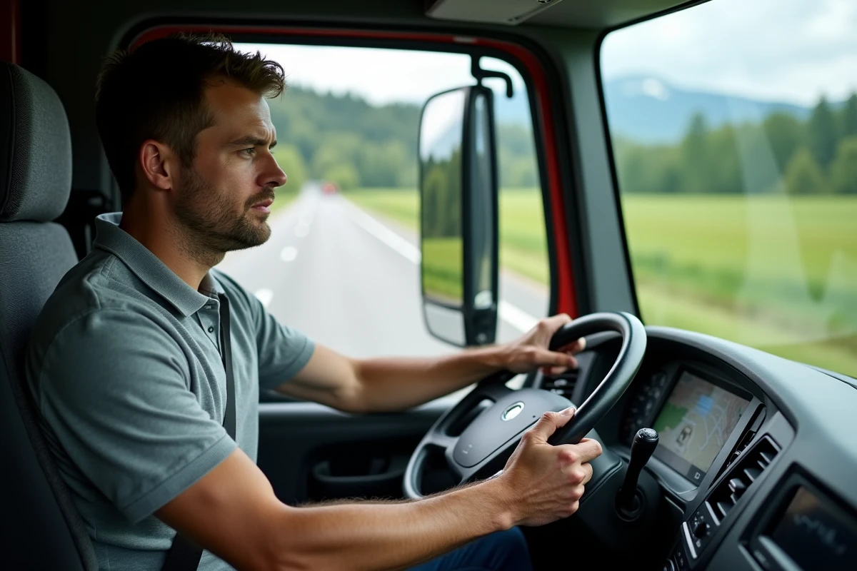 Chauffeur de camion poids lourd au volant sur une autoroute suisse avec tableau de bord numérique