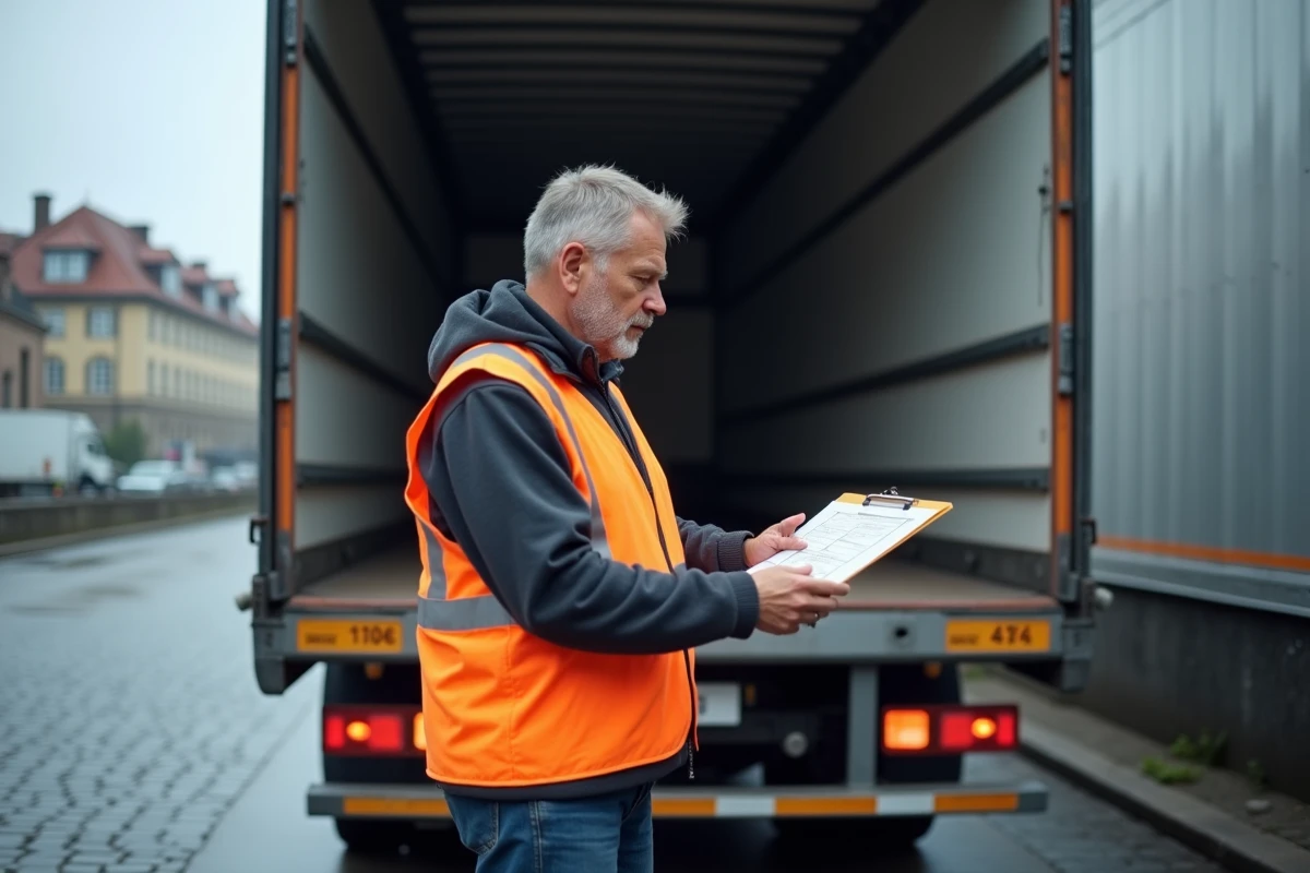Chauffeur poids lourd expérimenté vérifiant des documents de livraison sur un quai de chargement en Suisse