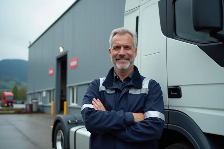 Chauffeur poids lourd professionnel en uniforme devant son camion semi-remorque dans un dépôt logistique suisse