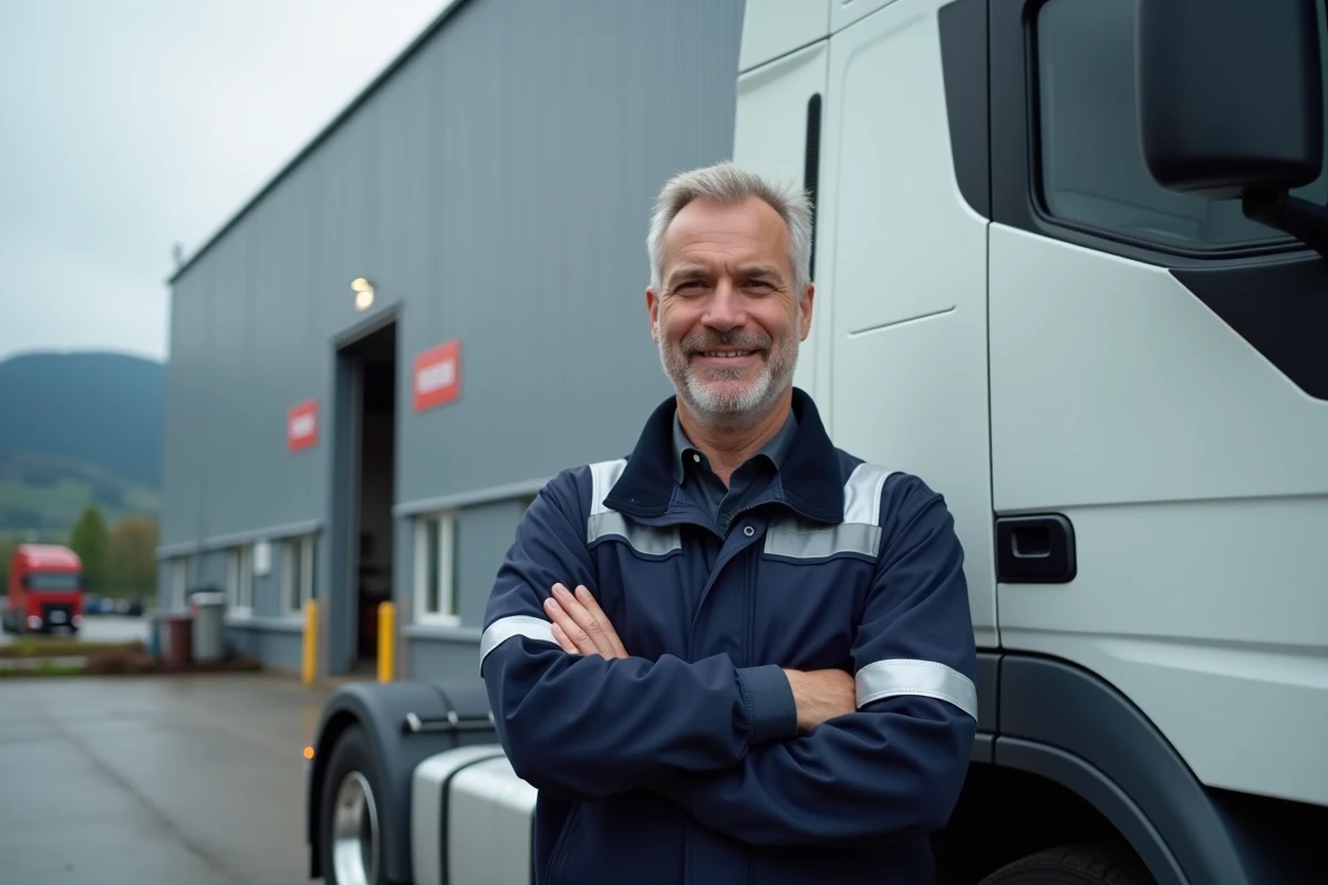 Chauffeur poids lourd professionnel en uniforme devant son camion semi-remorque dans un dépôt logistique suisse