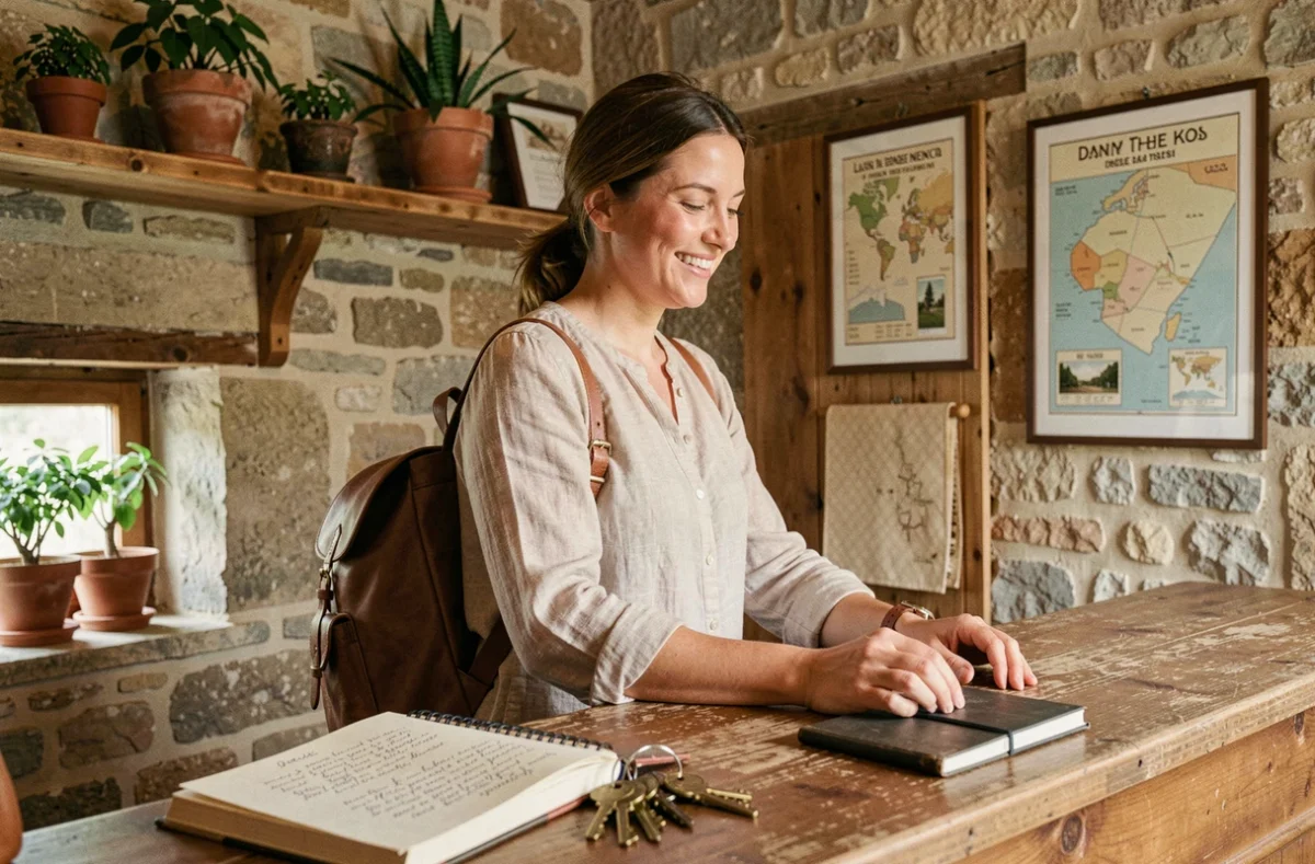 Voyageuse souriante qui fait son check-in dans un hébergement atypique et chaleureux avec réception en bois et murs en pierre