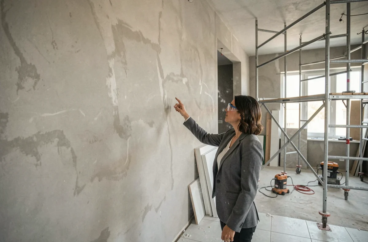 Cheffe de projet supervisant les travaux de rénovation d'un appartement moderne avec murs replâtrés