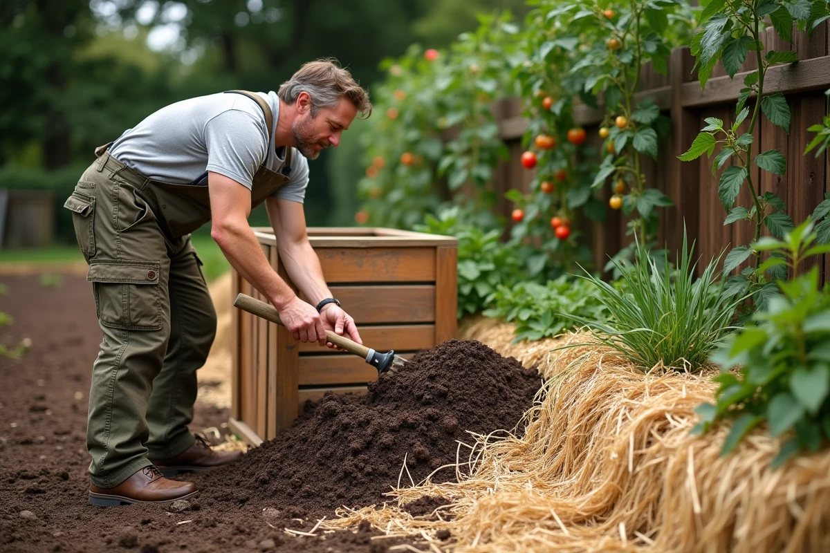 Espace de compostage avec bac en bois rempli de déchets organiques, sol enrichi et paillage en paille autour des pieds de légumes dans un potager