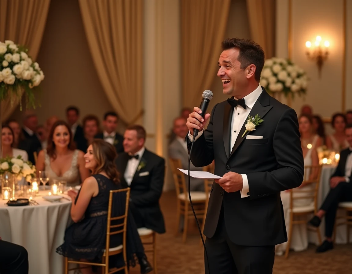 Invité de mariage au micro libre debout sur scène livrant un calembour avec un grand sourire pendant que le public de la réception rit et applaudit