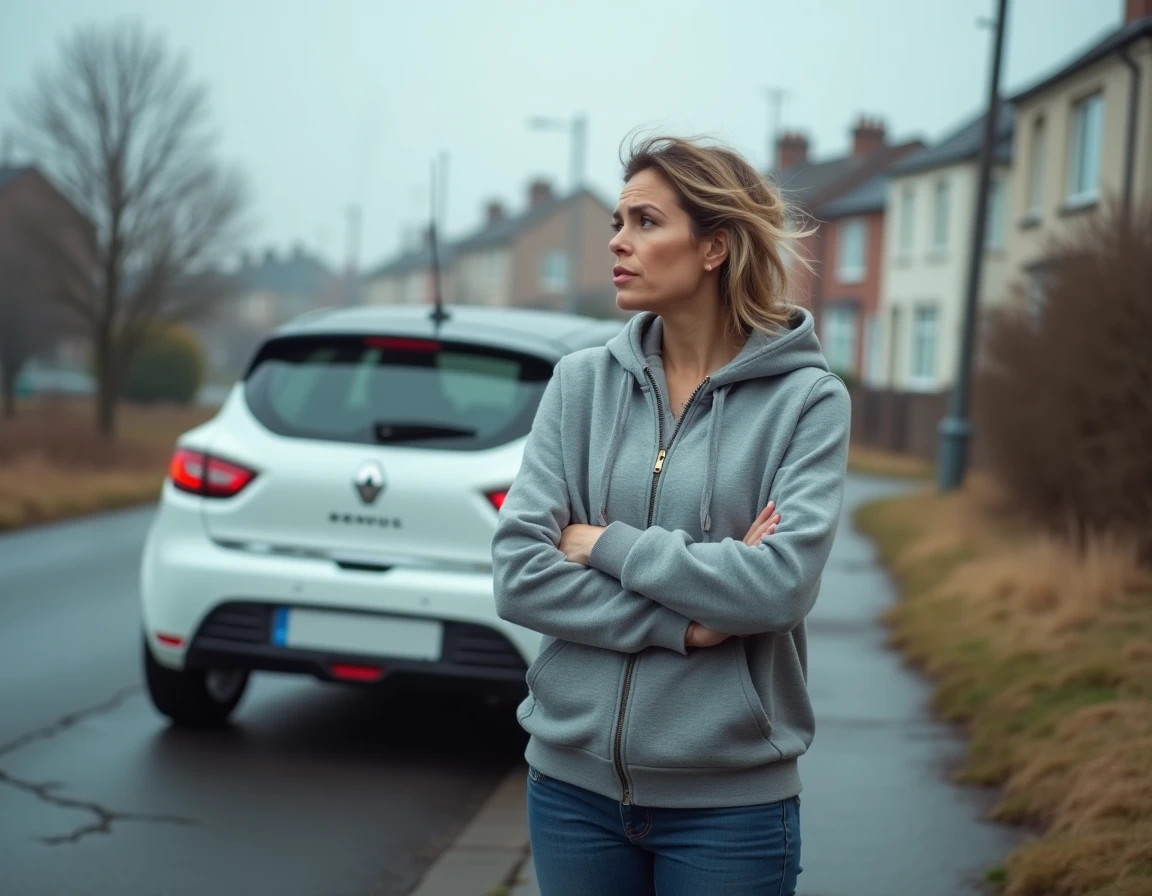 Conductrice inquiète observant de la fumée blanche s'échappant du pot d'échappement de sa Renault Clio 4 en bord de route, signe possible de casse moteur
