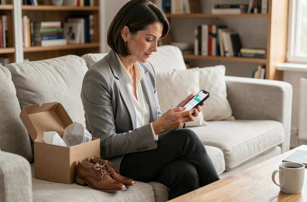 Femme utilisant son smartphone pour contacter le service client Zalando depuis son salon avec une boîte de chaussures posée à côté d'elle