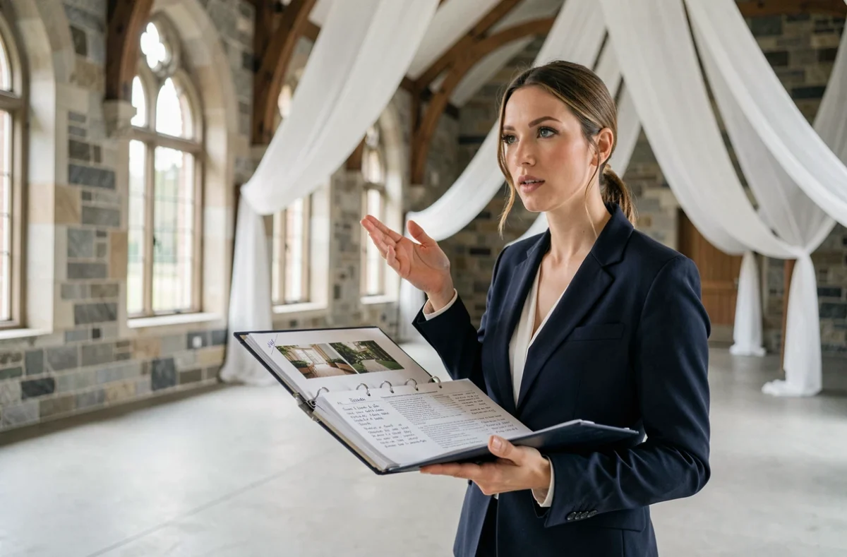 Coordinatrice de mariage professionnelle tenant un classeur de planification dans une salle de réception élégante aux murs en pierre