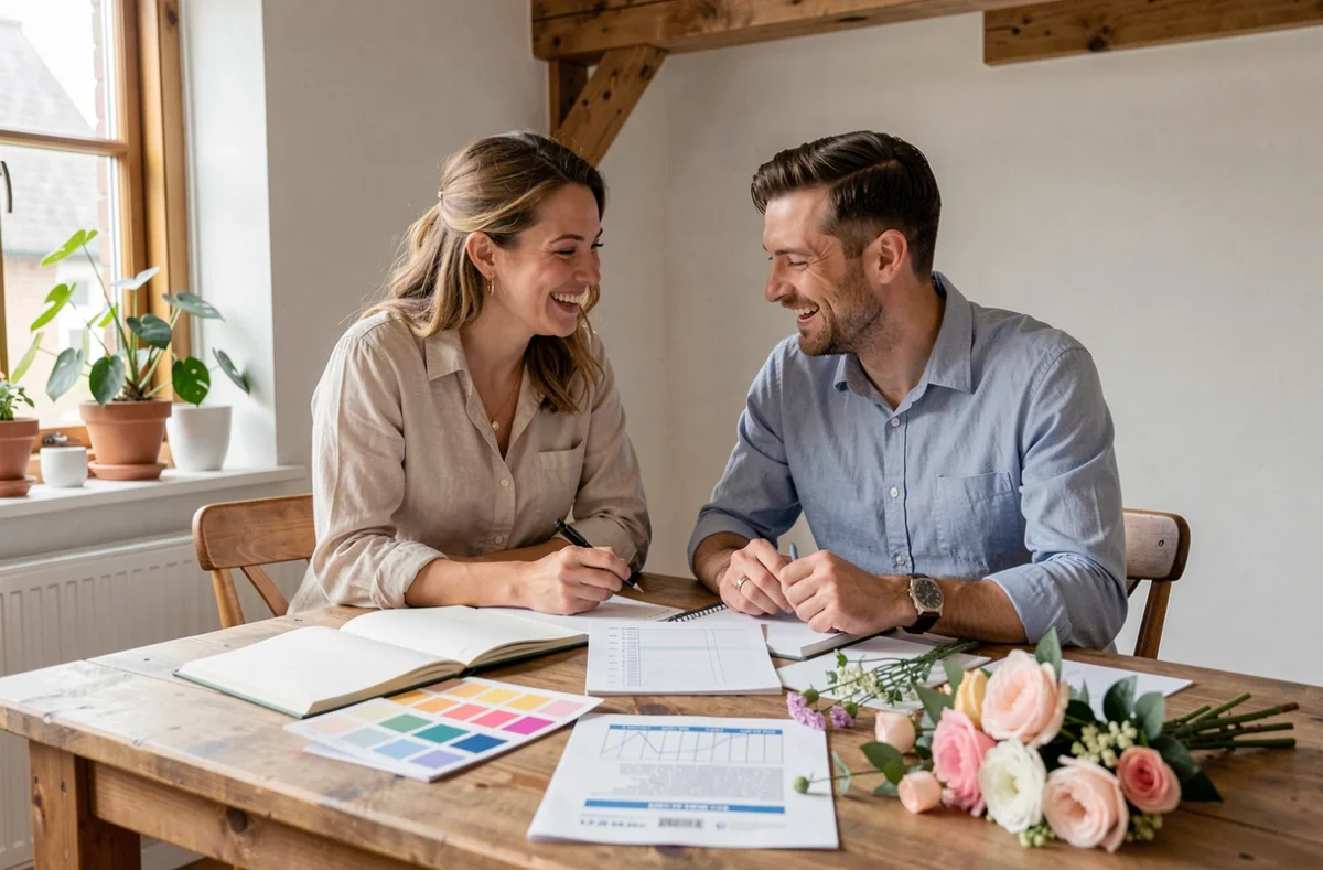 Couple planifiant leur mariage ensemble autour d'une table en bois avec carnets, échantillons floraux et checklist de mariage