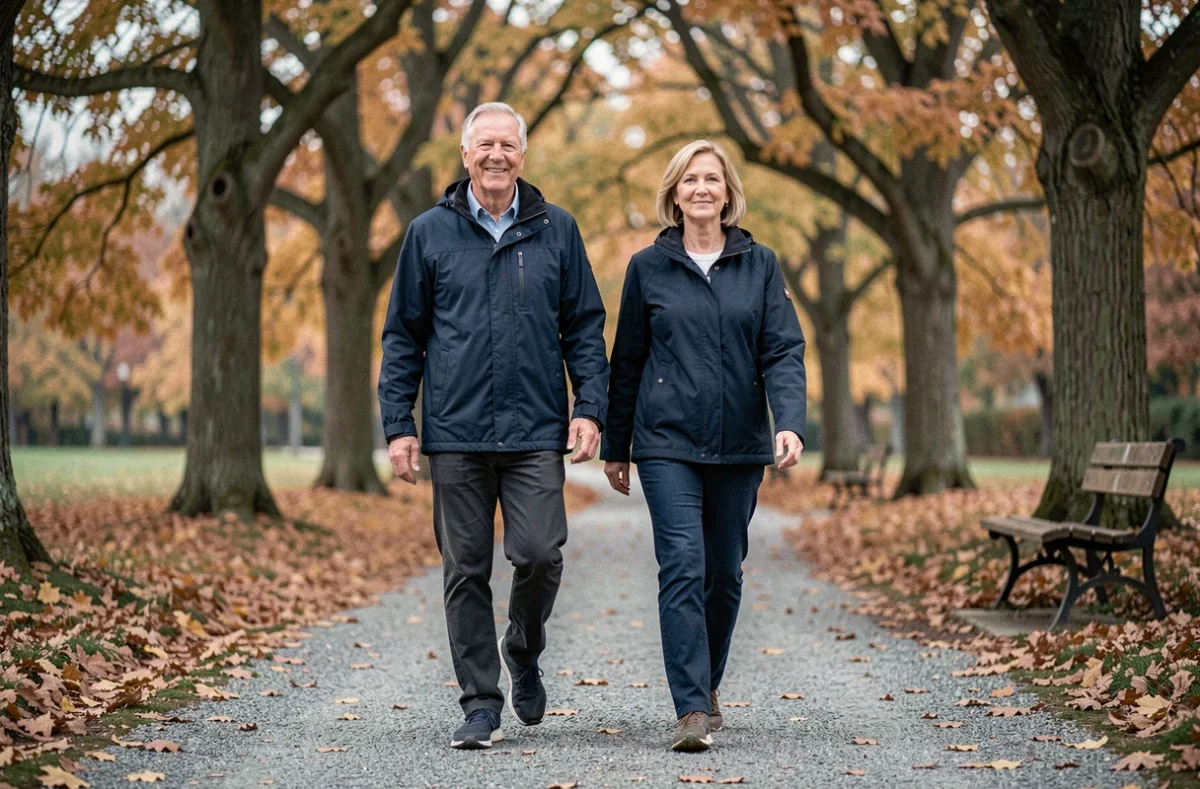 Couple de seniors marchant ensemble dans un parc aux couleurs d'automne pour entretenir leur santé et leur bien-être physique