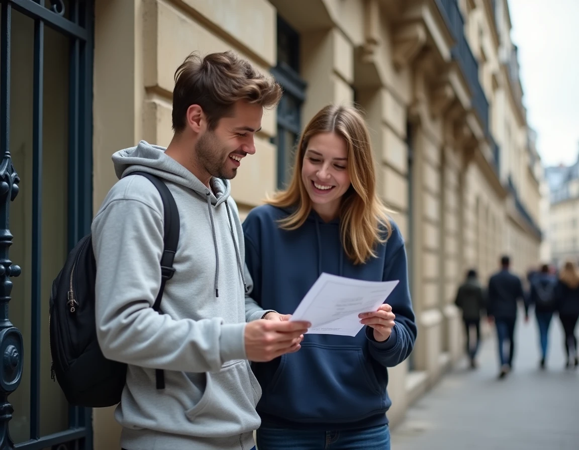 Couple visitant un immeuble parisien pour louer un appartement