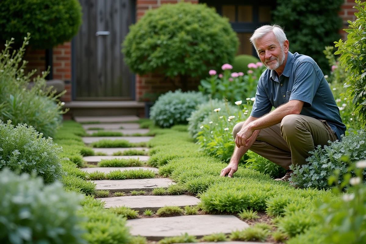 Jardin avec gazon remplacé par des couvre-sols variés comme le thym, le sédum et le trèfle, formant une mosaïque texturée entre des dalles en pierre