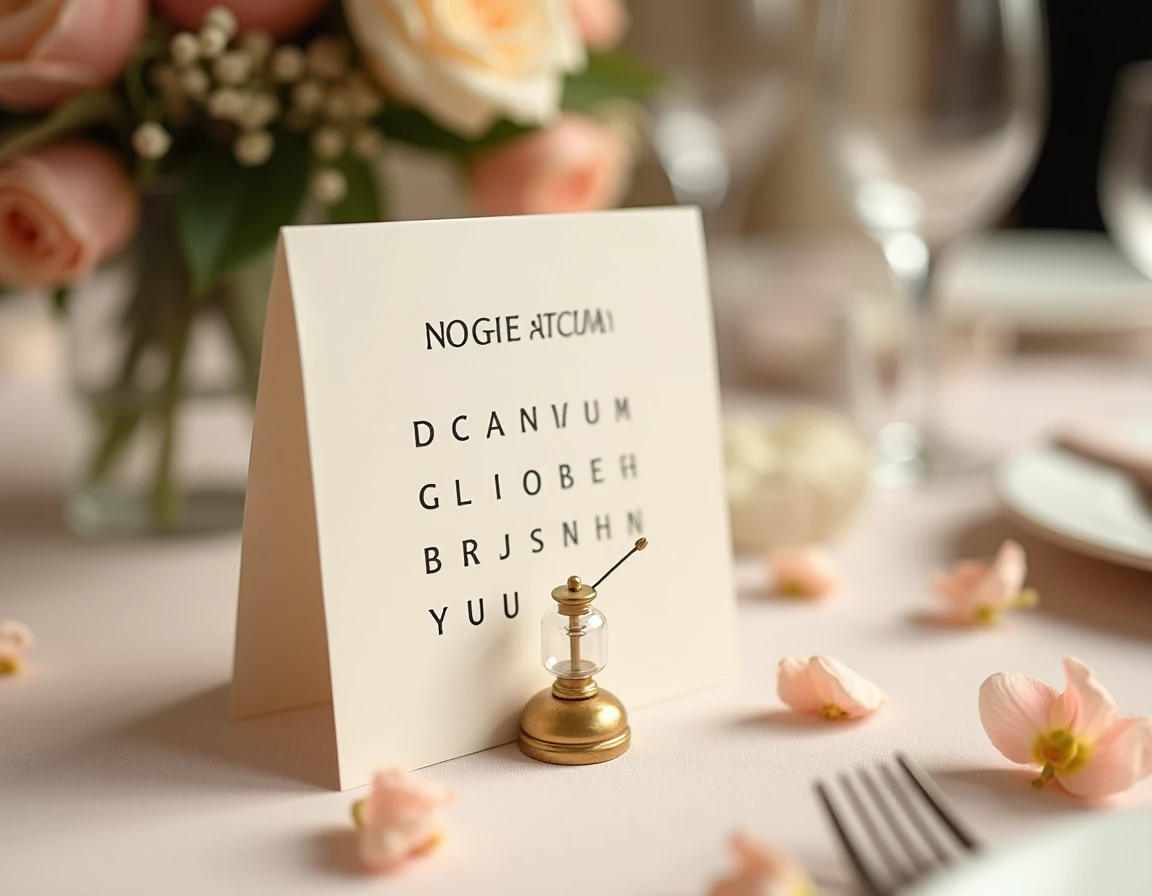 Carton de devinette en anagramme dans un support doré sur une table de mariage avec un sablier miniature et un crayon pour résoudre le puzzle