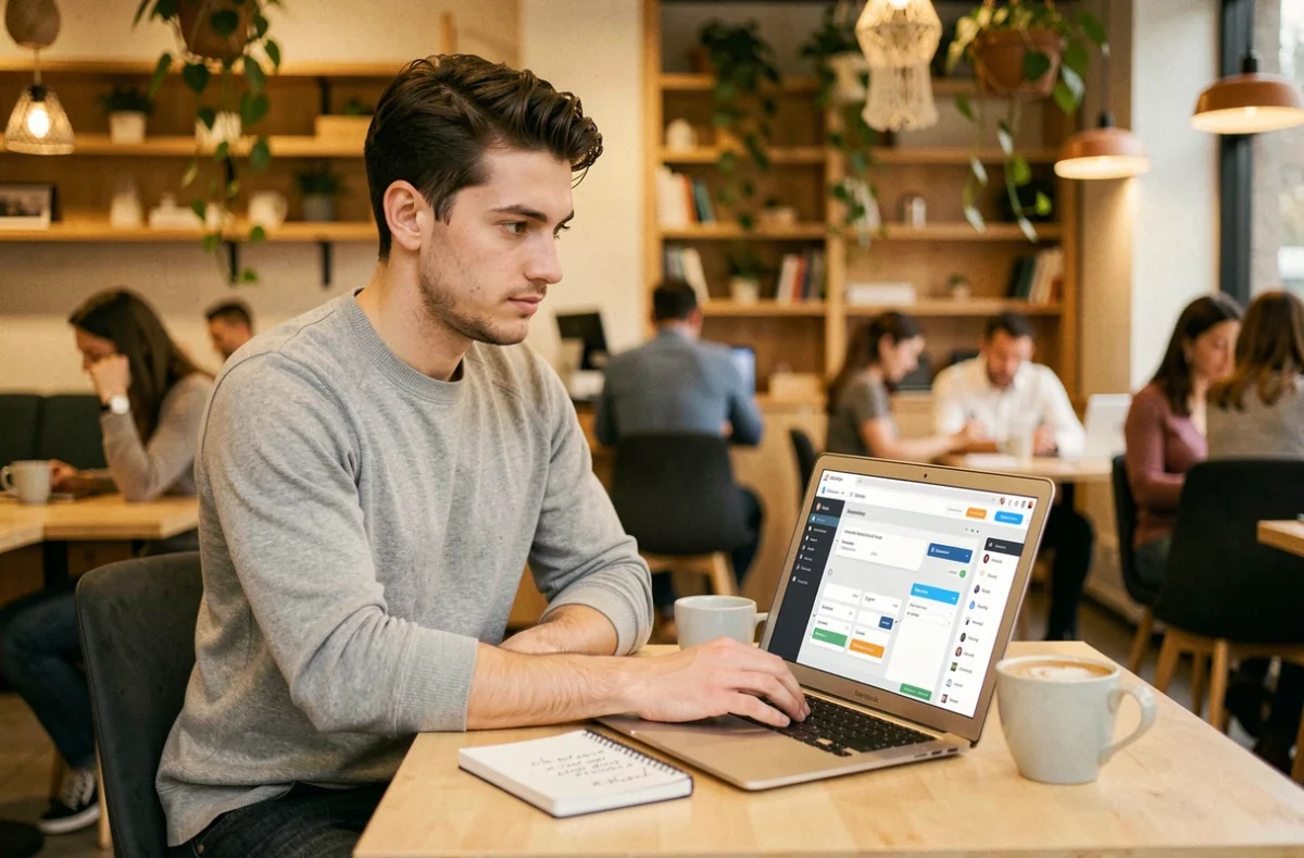 Entrepreneur travaillant sur une stratégie de marketing digital depuis un café co-working moderne avec un laptop affichant des outils de campagne en ligne