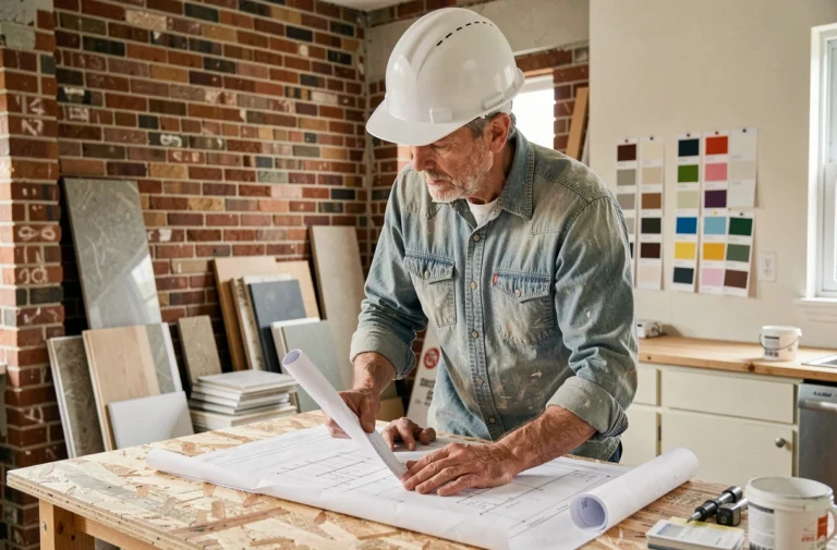 Entrepreneur en bâtiment consultant des plans de rénovation dans une cuisine en cours de travaux
