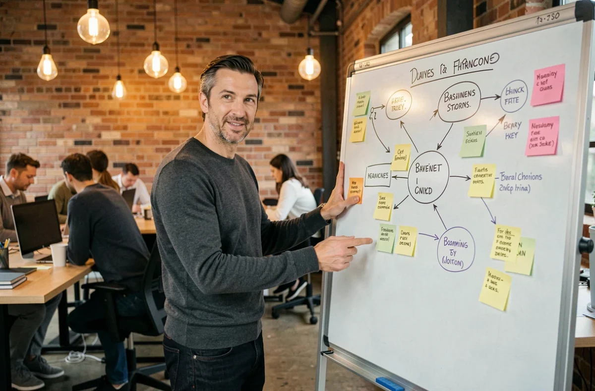 Entrepreneur masculin présentant une stratégie de business en ligne sur un tableau blanc dans un espace de co-working moderne