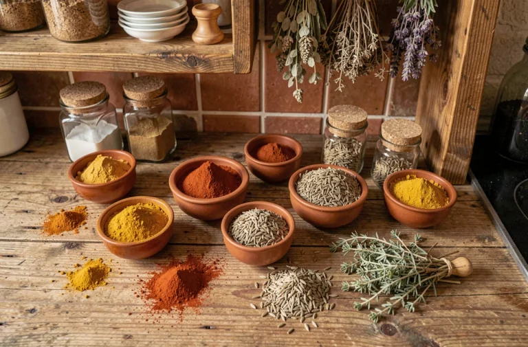 Collection d'épices artisanales dans des bols en céramique sur un comptoir en bois rustique pour sublimer les légumes et gratins maison