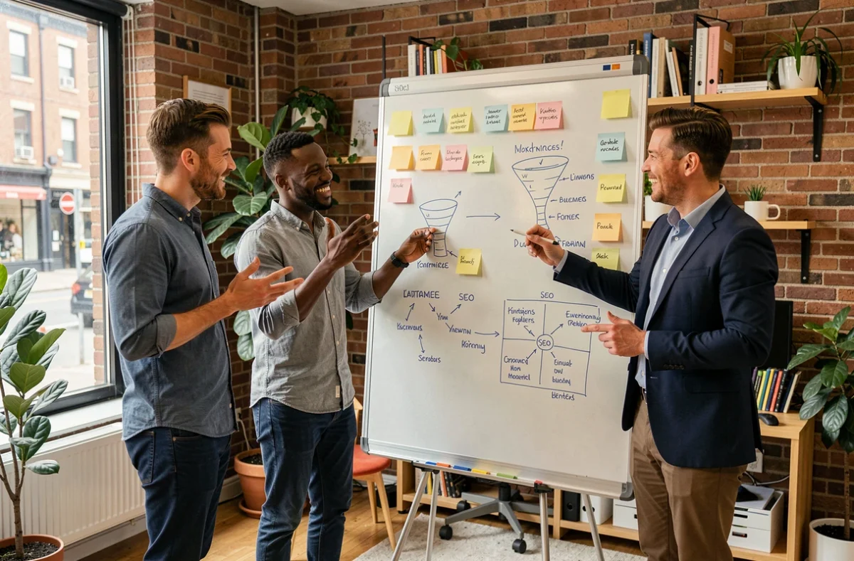 Équipe marketing en séance de brainstorming autour d'un tableau blanc avec des stratégies digitales dans une agence créative moderne
