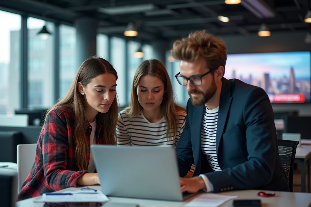 Équipe de jeunes professionnels consultant des actualités en temps réel dans une salle de rédaction moderne