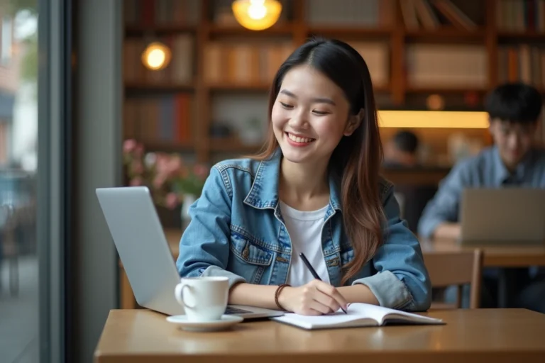 Jeune femme étudiante au café avec ordinateur et notes