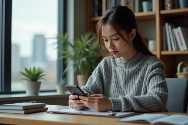 Femme consultant les actualités sur son smartphone dans un bureau moderne à domicile