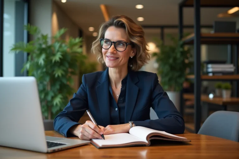 Femme d affaires confiante en costume navy dans un bureau moderne