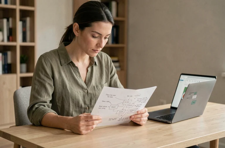 Femme professionnelle analysant un sitemap imprimé avec des annotations sur un bureau en bois dans un bureau moderne