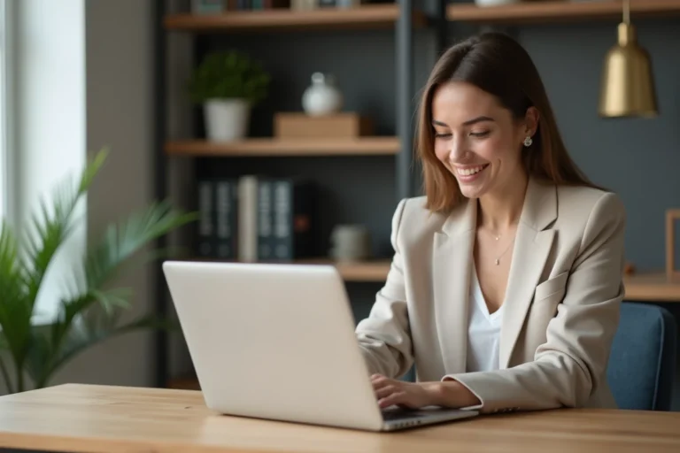 Jeune femme au bureau à la maison avec ordinateur