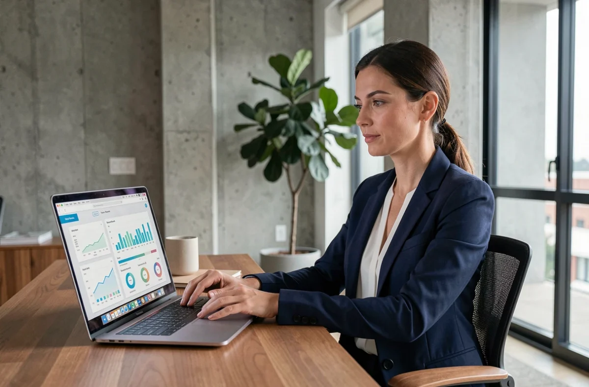Femme entrepreneur analysant des tableaux de bord analytiques pour son business en ligne depuis son bureau moderne à domicile
