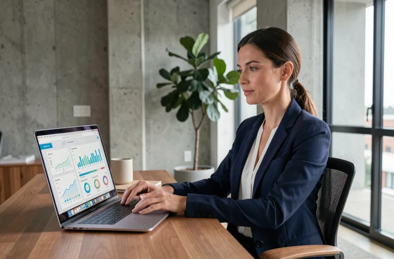 Femme entrepreneur analysant des tableaux de bord analytiques pour son business en ligne depuis son bureau moderne à domicile