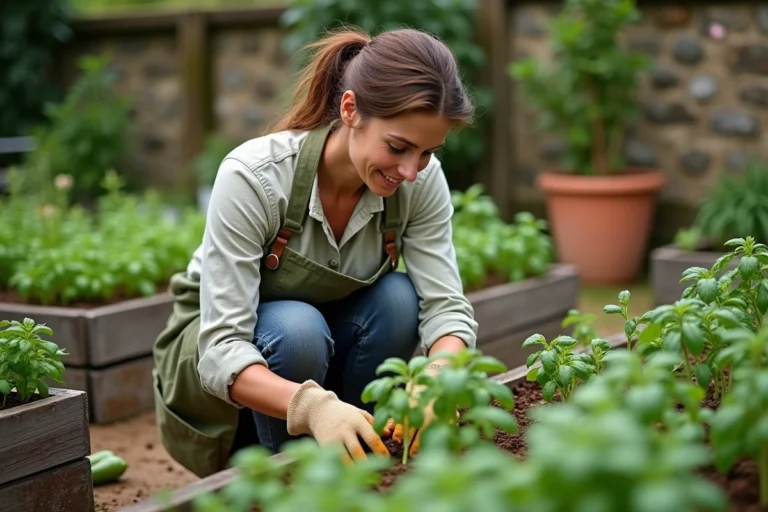 Femme jardinant dans un potager bio surélevé avec des plants de tomates et des herbes aromatiques