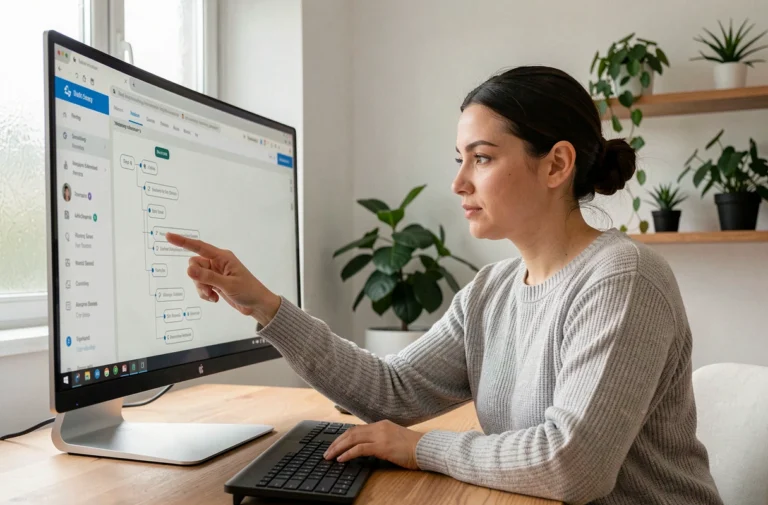Femme naviguant sur un plan de site web depuis son bureau à domicile, écran d'ordinateur affichant une arborescence de navigation claire