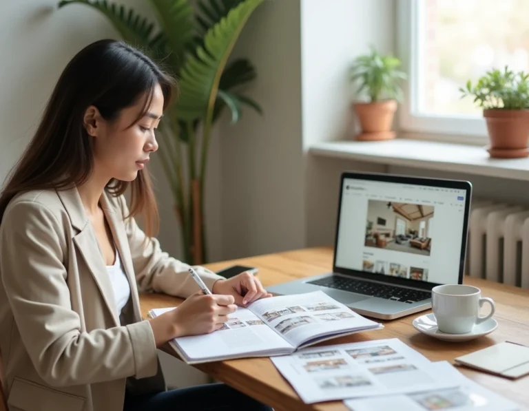 Femme consultant des annonces immobilières pour trouver un bien à louer