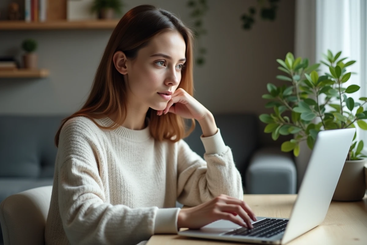 Jeune femme recherchant contact service client sur son ordinateur