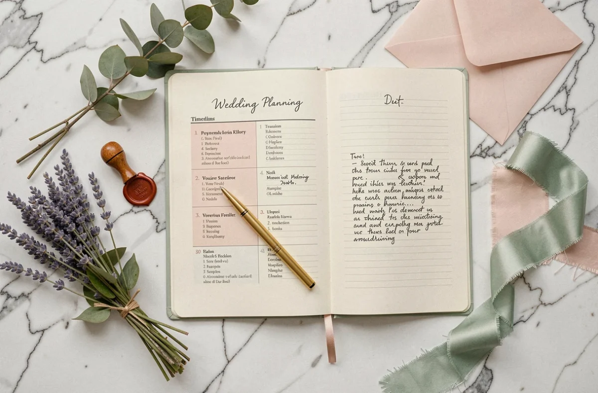 Flat lay d'outils de planification de mariage sur marbre blanc incluant un planning, des faire-part, des rubans et un bouquet séché