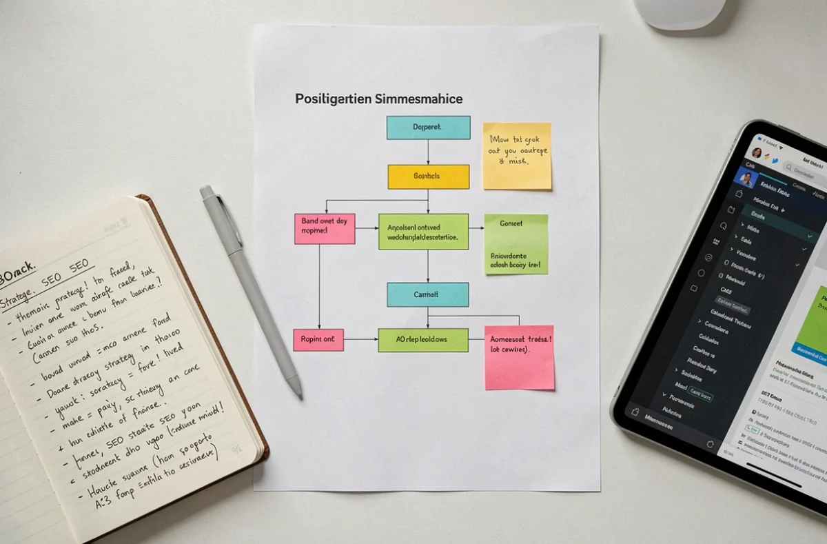 Vue de dessus d'un bureau avec un sitemap imprimé, des notes autocollantes colorées et une tablette affichant une interface CMS pour l'optimisation de navigation