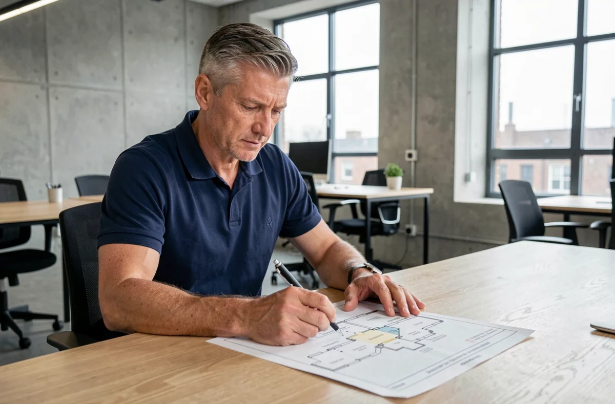 Homme en espace de coworking analysant un plan de site imprimé pour mieux comprendre l'architecture de navigation d'un site web