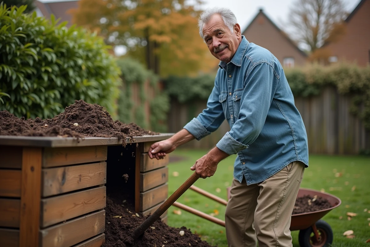 Homme retournant le compost dans un bac en bois au jardin potager biologique