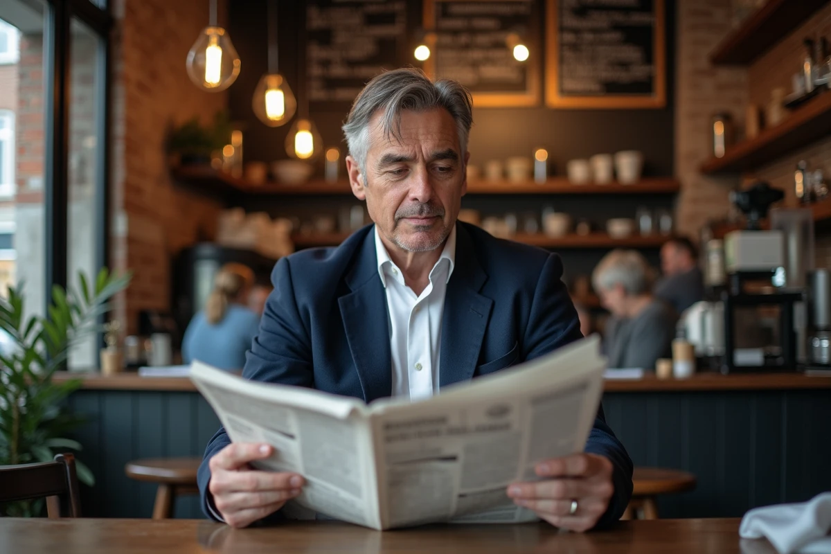 Homme lisant un journal dans un café urbain animé