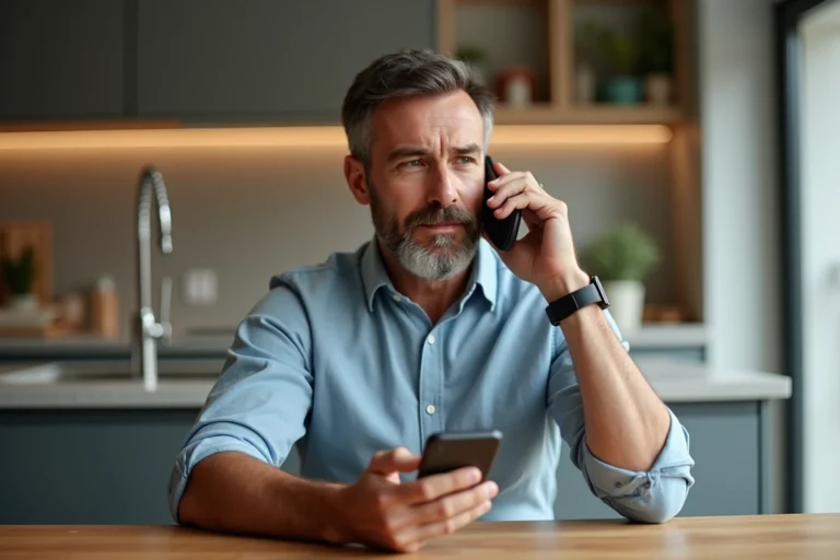 Homme d'âge moyen parlant au téléphone dans une cuisine moderne