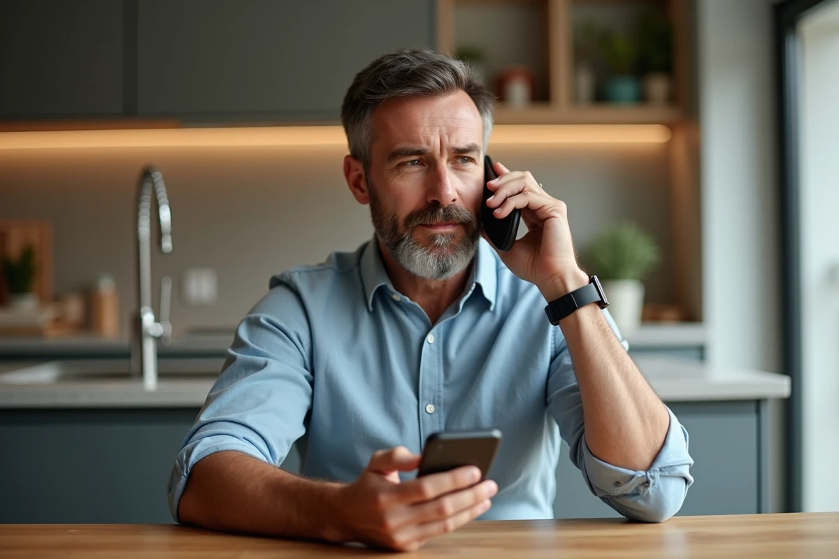 Homme d'âge moyen parlant au téléphone dans une cuisine moderne